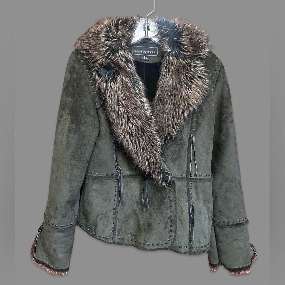 Vintage Y2K Olive Penny Lane Boho Faux Suede & Fur Shearling Patchwork Coat MED